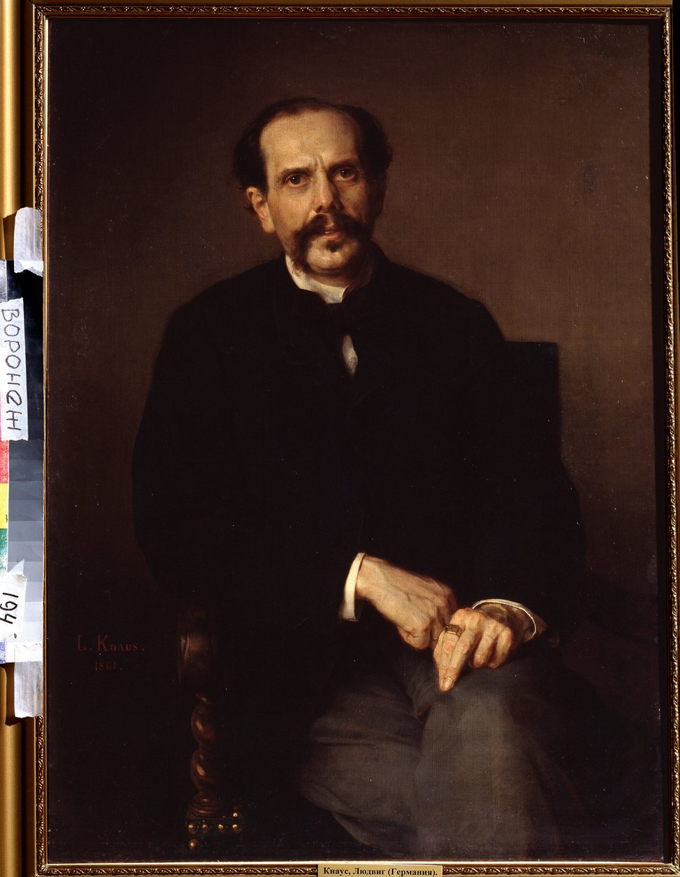 ""Portrait of a man"" 彼は黒のスーツを着て、指にはシグネット リングをはめています。 Ludwig Knaus (1829-1910) の絵画 Ivan Kramskoy (または Kramskoi) ロシアのヴォロネジ (ヴォロネジ) にある美術館。 作： ルートヴィヒ・クナウス