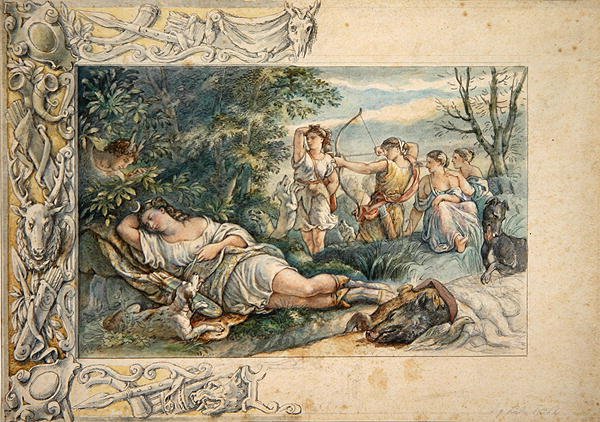 仲間と一緒に眠るディアナ（紙に黒鉛の水彩画） 作： ルートヴィヒ・ジギスムント・ルール