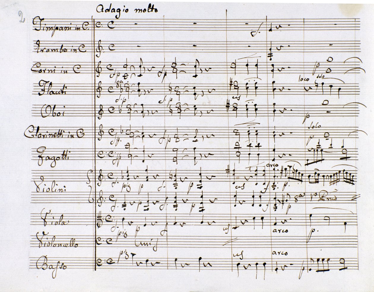 ドイツの作曲家ルートヴィヒ・ヴァン・ベートーヴェン（1770-1827）の交響曲第1番ハ長調の楽譜ページ（1799-1800）ミラノのBiblioteca del Conservatorio 作： ルートヴィヒ・ヴァン・ベートーヴェン