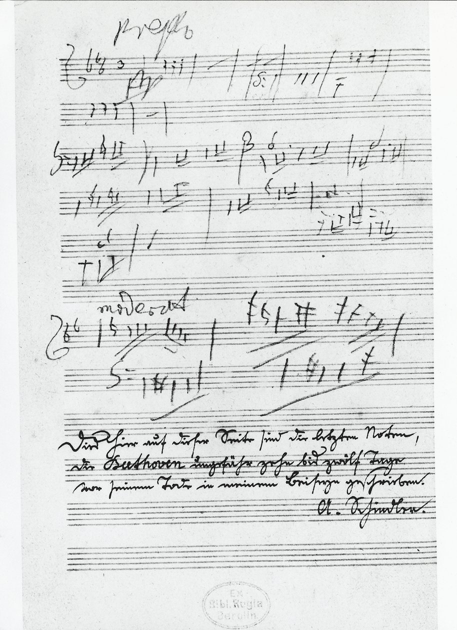 ドイツの作曲家ルートヴィヒ・ヴァン・ベートーヴェン（1770-1827）が書いた曲の最後のページ。 作： ルートヴィヒ・ヴァン・ベートーヴェン