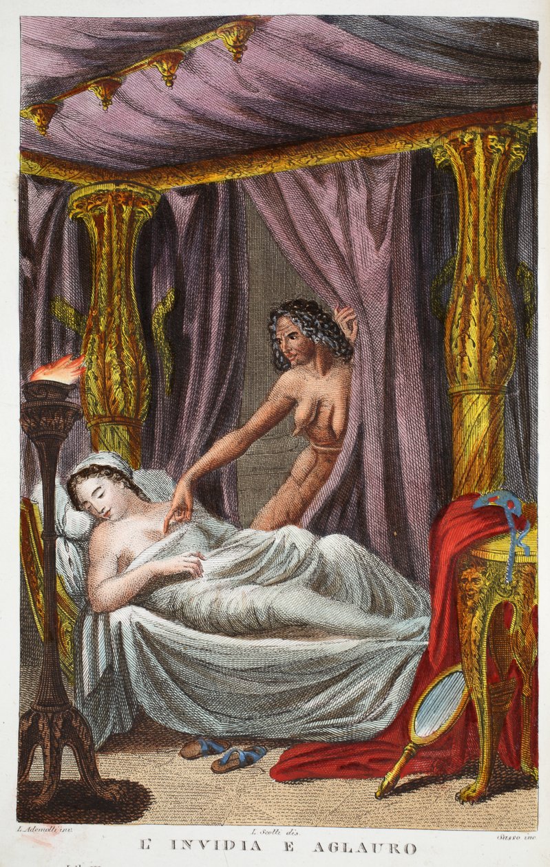 Aglauros and EnvyまたはL&39;Invidia e Aglauro、Book II、illustration from Ovid&39;s Metamorphoses、Florence、1832（hand-coloured engraving） 作： ルイージアデモロ