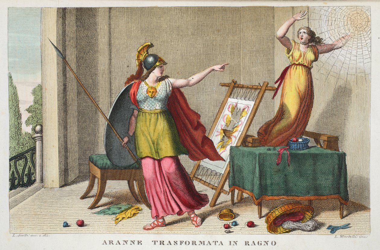 RagnoのスパイダーまたはアランネTrasformataへのアラクネ、第VI巻、Ovidの変容からのイラスト、フィレンツェ、1832年（手彩色の彫刻） 作： ルイージアデモロ