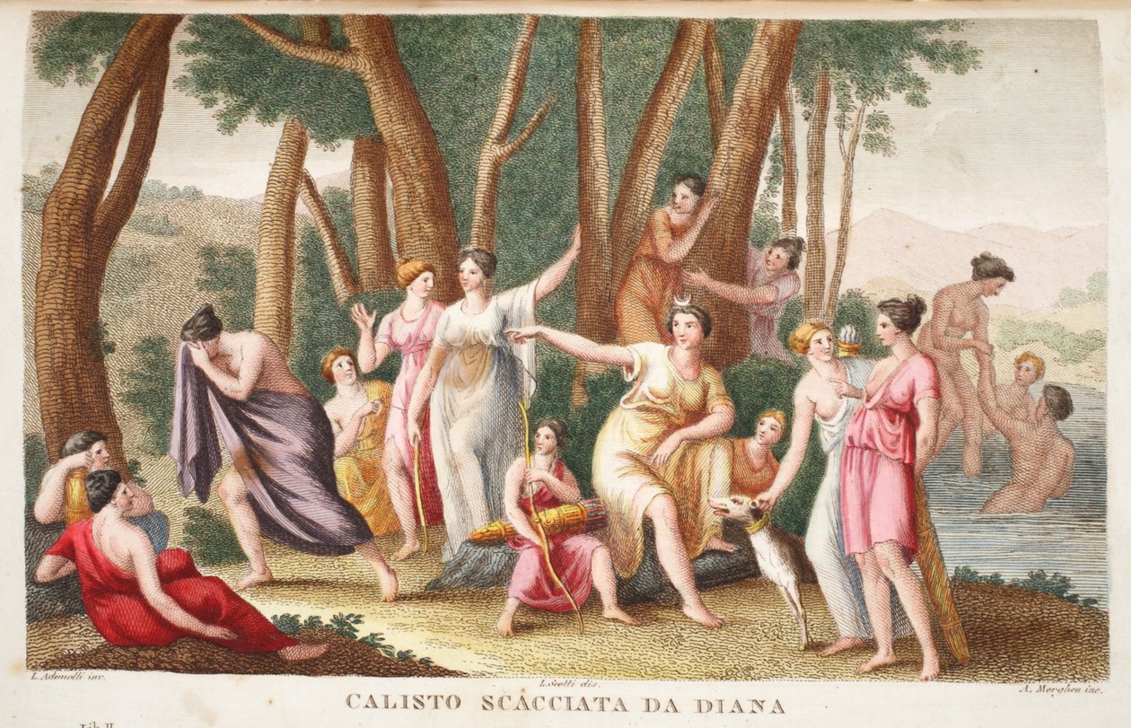 カリストはクマまたはカリストスカッチャタダダイアナに変わります。イラストは、Ovidの変身、フィレンツェ、1832年のイラストです（手彩色の彫刻） 作： ルイージアデモロ