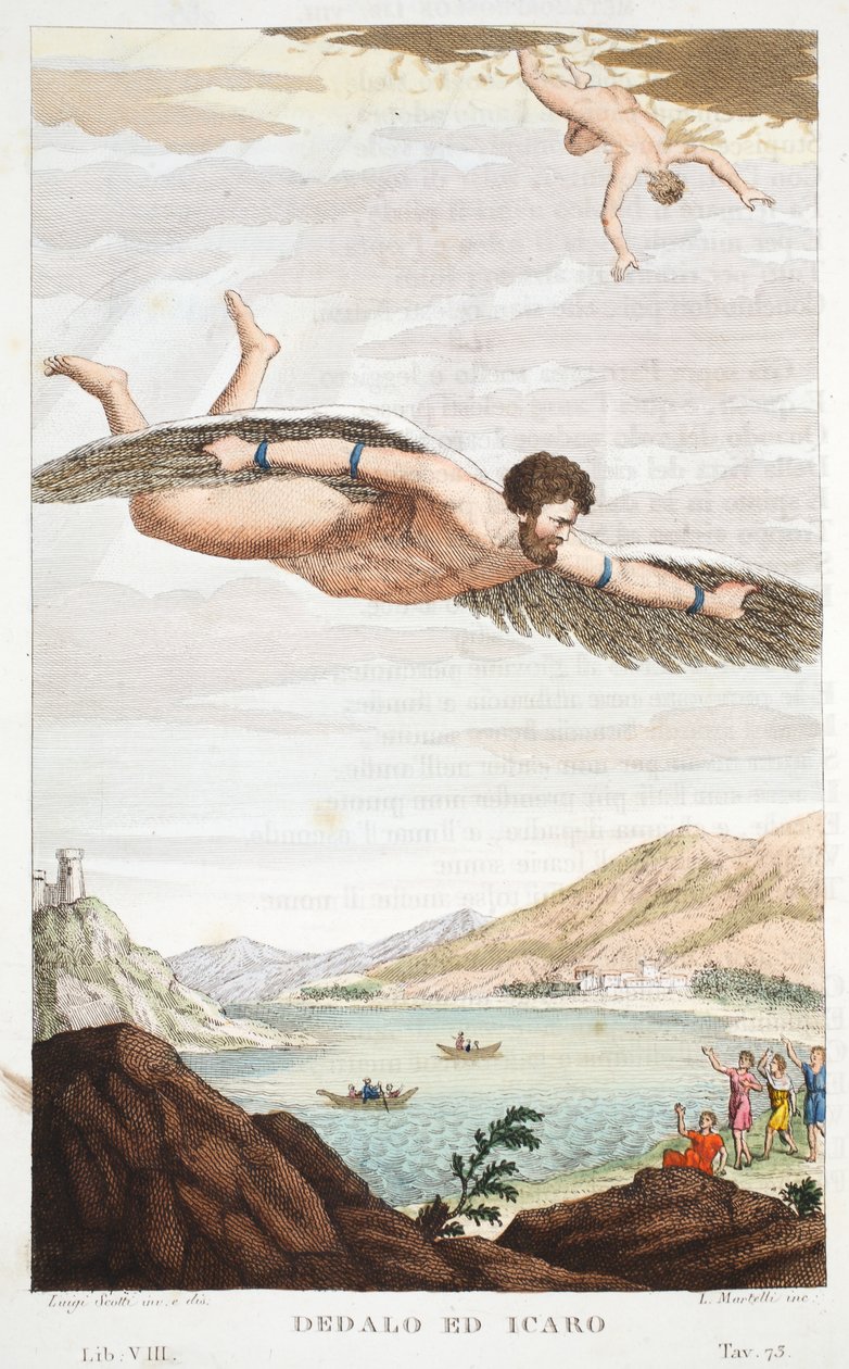 Daedalus and IcarusまたはDedalo ed Icaro、第VIII巻、Ovidの変容からのイラスト、フィレンツェ、1832年（手描きの彫刻） 作： ルイージアデモロ