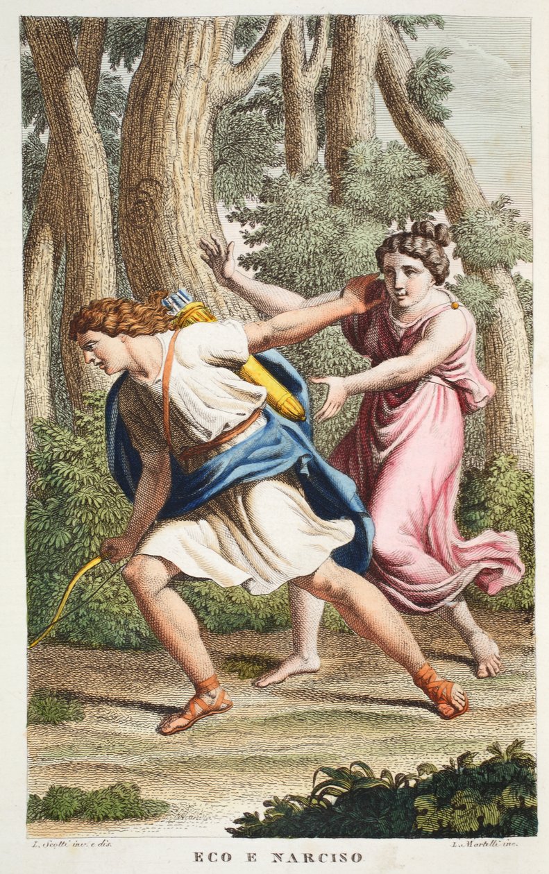 Echo and Narcissus or Eco e Narciso、Book III、illustration from Ovid&39;s Metamorphoses、Florence、1832（hand-coloured engraving） 作： ルイージアデモロ