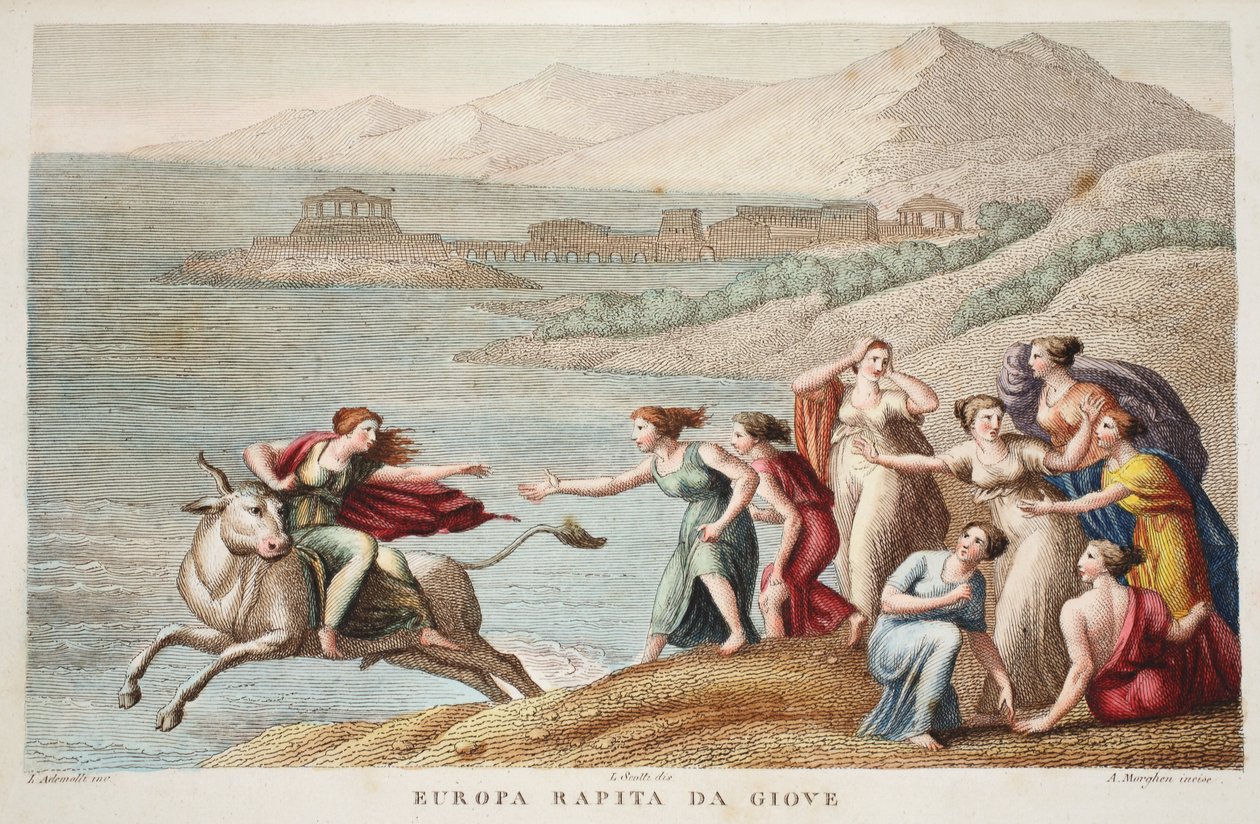 エウロパまたはエウロパラピタダジョーヴェ、Ovid&39;s Metamorphosesのイラスト、フィレンツェ、1832年（手描きの彫刻） 作： ルイージアデモロ