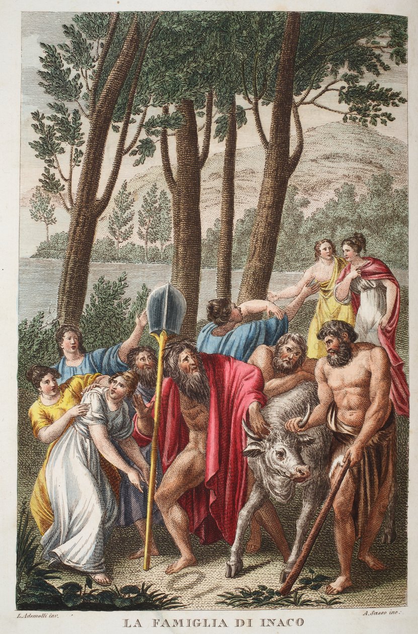 Inachus bereavedまたはLa Famiglia di Inaco、Book I、Ovid&39;s Metamorphosesのイラスト、フィレンツェ、1832年（手描きの彫刻） 作： ルイージアデモロ
