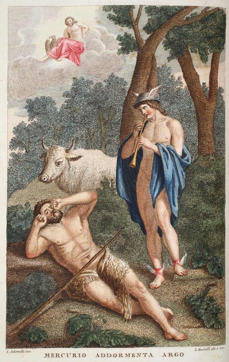マーキュリーがアーガスを眠らせる、またはメルクリオアドルメンタアルゴ、Ovid&39;s Metamorphoses、フィレンツェ、1832年のイラスト（手描きの彫刻） 作： ルイージアデモロ