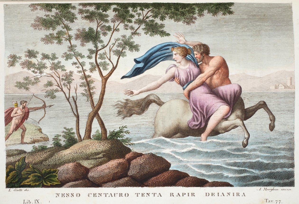 Nessus and DeianiraまたはNesso Centauro tenta rapir Deianira、Book IX、Ovid&39;s Metamorphosesからのイラスト、1832年（手描きの彫刻） 作： ルイージアデモロ