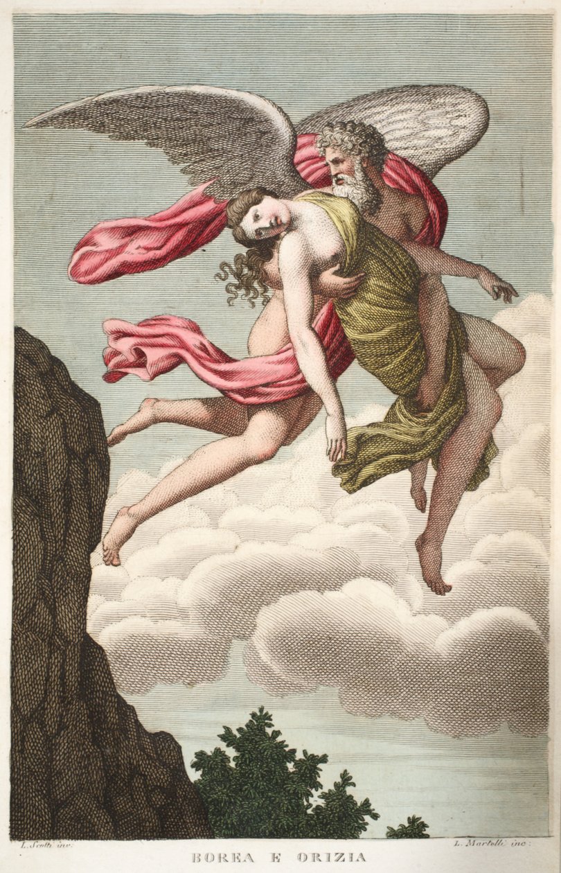 OrithyiaはBoreasまたはBorea e Orizia、Book VI、Ovid&39;s Metamorphosesからのイラスト、1832年に強姦されます（手彩色の彫刻） 作： ルイージアデモロ
