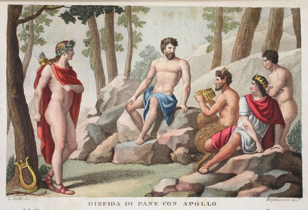 Pan and ApolloまたはDinfida di Pane con Apollo、Book XI、illustration from Ovid&39;s Metamorphoses、Florence、1832（hand-coloured engraving） 作： ルイージアデモロ