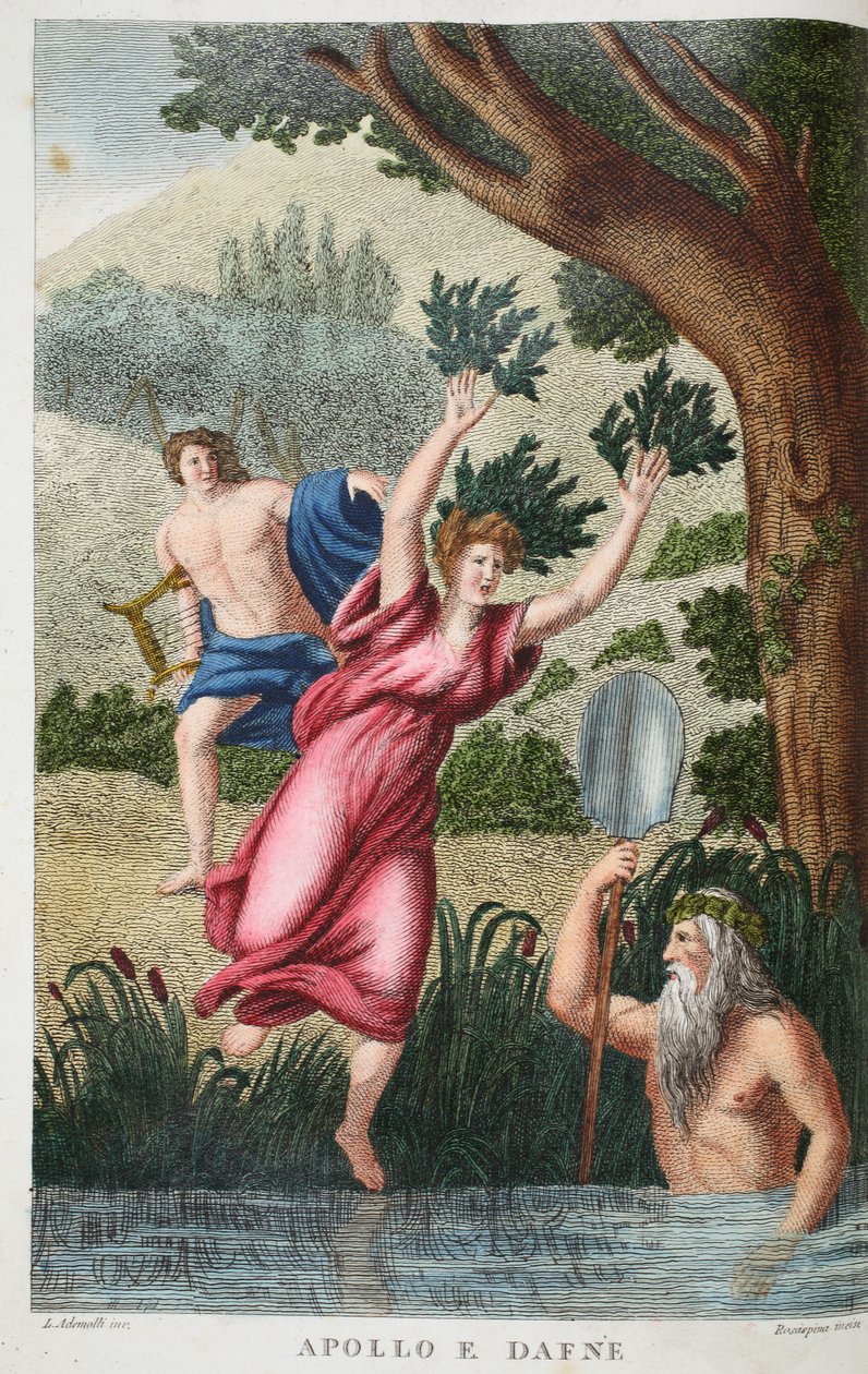 フィーバスとダフネまたはアポロeダフネ、イラスト、Ovidの変身、フィレンツェ、1832年（手描きの彫刻） 作： ルイージアデモロ