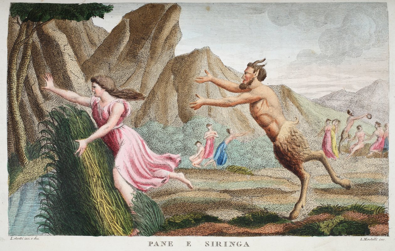 Syrinx into a Reed or Pane e Siringa、Book I、illustration from Ovid&39;s Metamorphoses、Florence、1832（hand-coloured engraving） 作： ルイージアデモロ