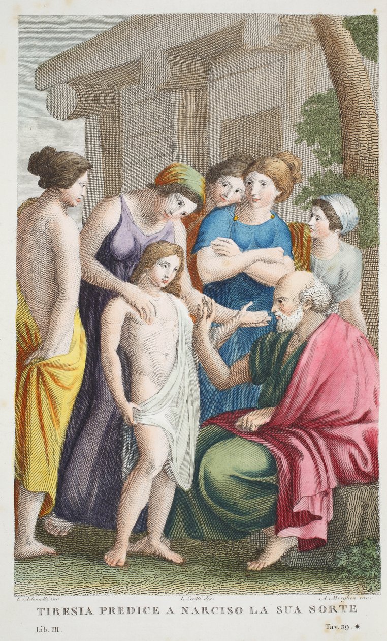 Tiresias ProphesiesまたはTireniaはNarciso la sua sorte、Book III、Ovid&39;s Metamorphoses、フィレンツェ、1832年の図（手彩色の彫刻） 作： ルイージアデモロ
