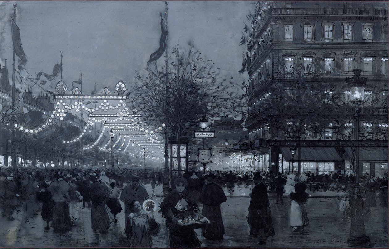 パリのグランブールヴァールは、1893年10月にフランスとロシアの同盟を祝うために装飾されました（紙とガッシュ紙） 作： ルイジ・ロワール