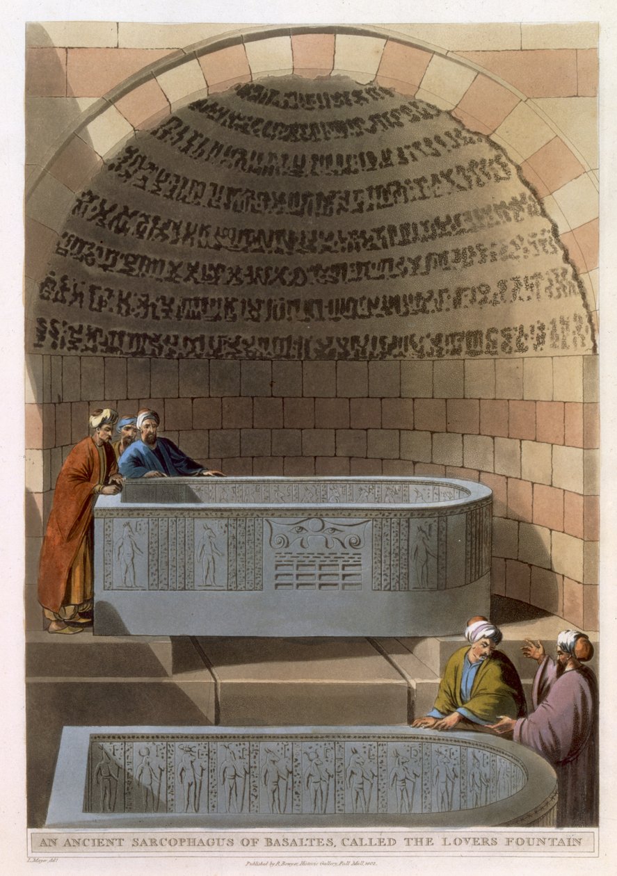 恋人の噴水と呼ばれるバサルテスの古代の石棺、トーマスミルトン（1743-1827）のパブによって彫刻された「エジプトの景色」のプレート10。ロバート・ボイヤー（1758-1834）1802（アクアチント） 作： ルイージメイヤー
