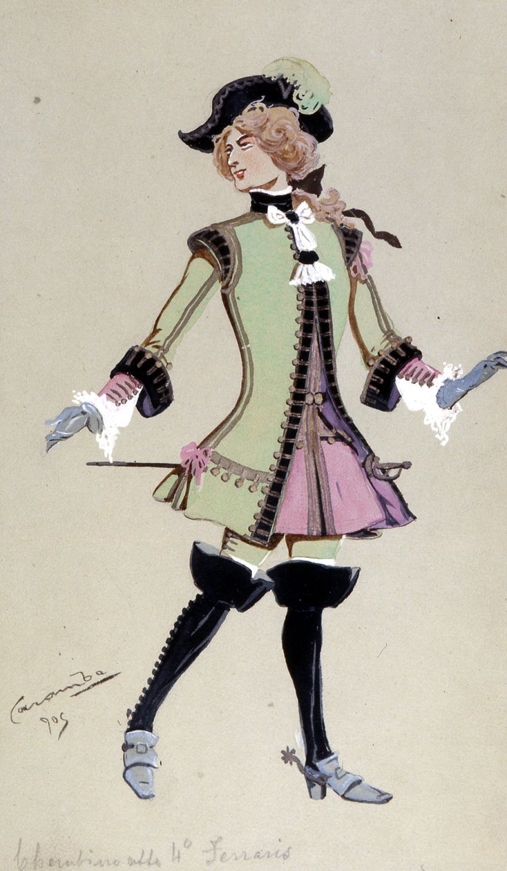1905年、ヴォルフガングアマデウスモーツァルトのフィガロの結婚からのケルビノの衣装デザイン 作： ルイージ・サペリ・カランバ