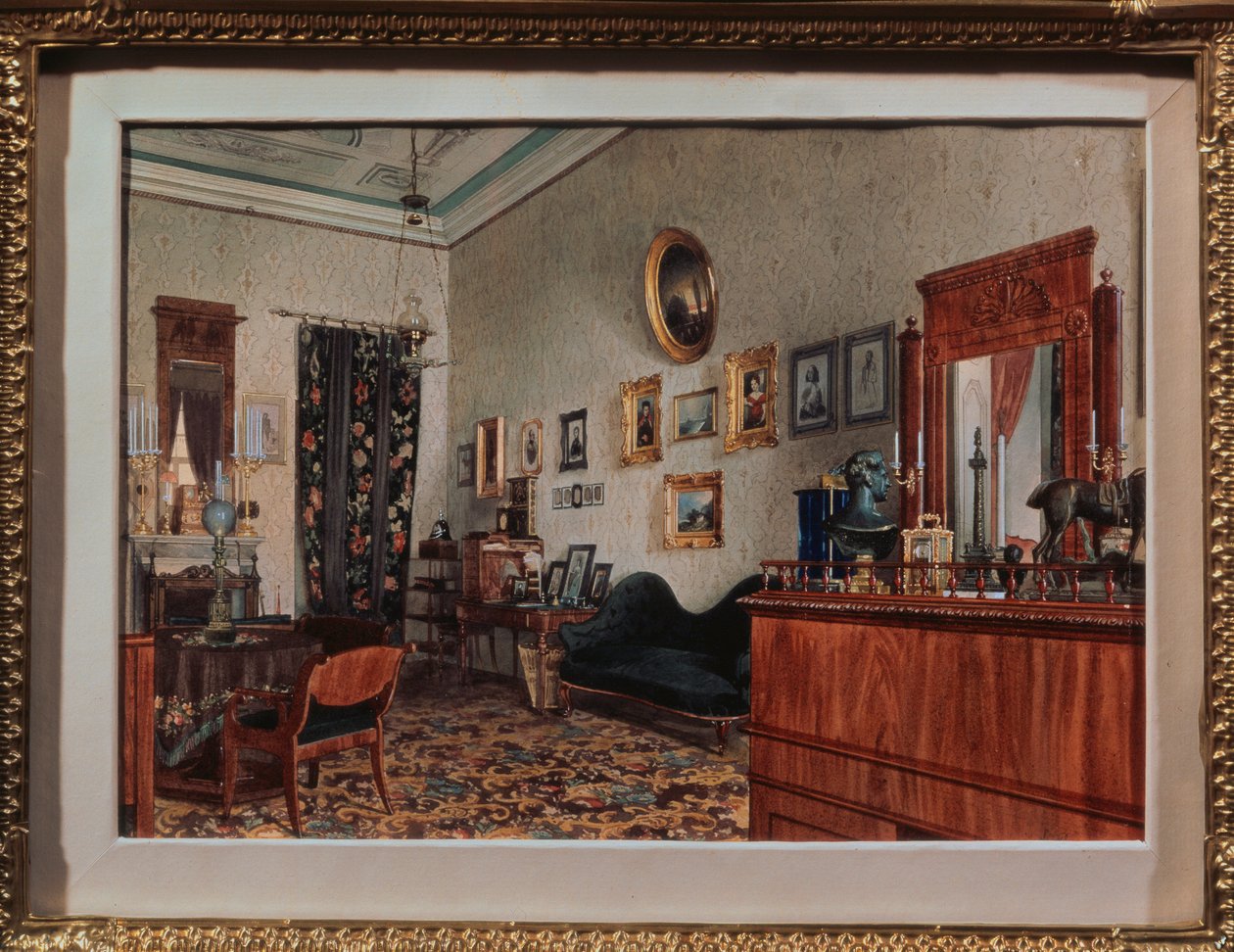 ミハイル・オブレスコフの書斎。 Luigi Premazzi (1814-1891) の作品、紙に水彩 作： ルイージ・プレマツィ