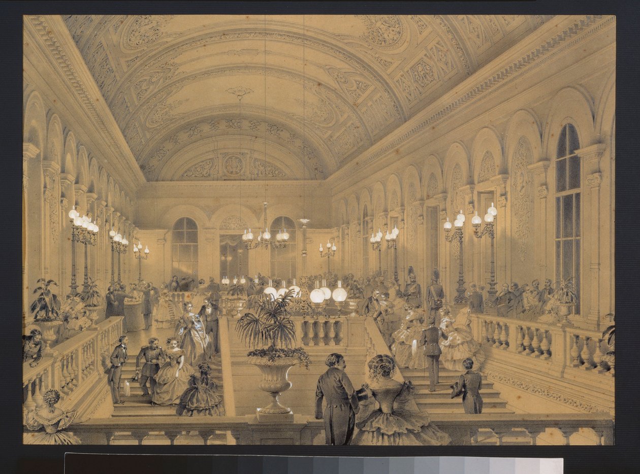 サンクトペテルブルクの帝国劇場ボルチョイ カンメニの階段。 Luigi Premazzi (1814-1891) によるアートワーク、1850 年頃の紙に水彩と白。 イタリアの芸術 作： ルイージ・プレマツィ