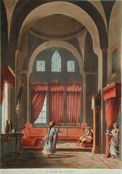 1802年に出版された「ロバート・アインズリー卿所蔵の原画によるエジプトの風景」より「カイロの貴婦人」（カラーリトグラフ）。 作： ルイージ（後）メイヤー