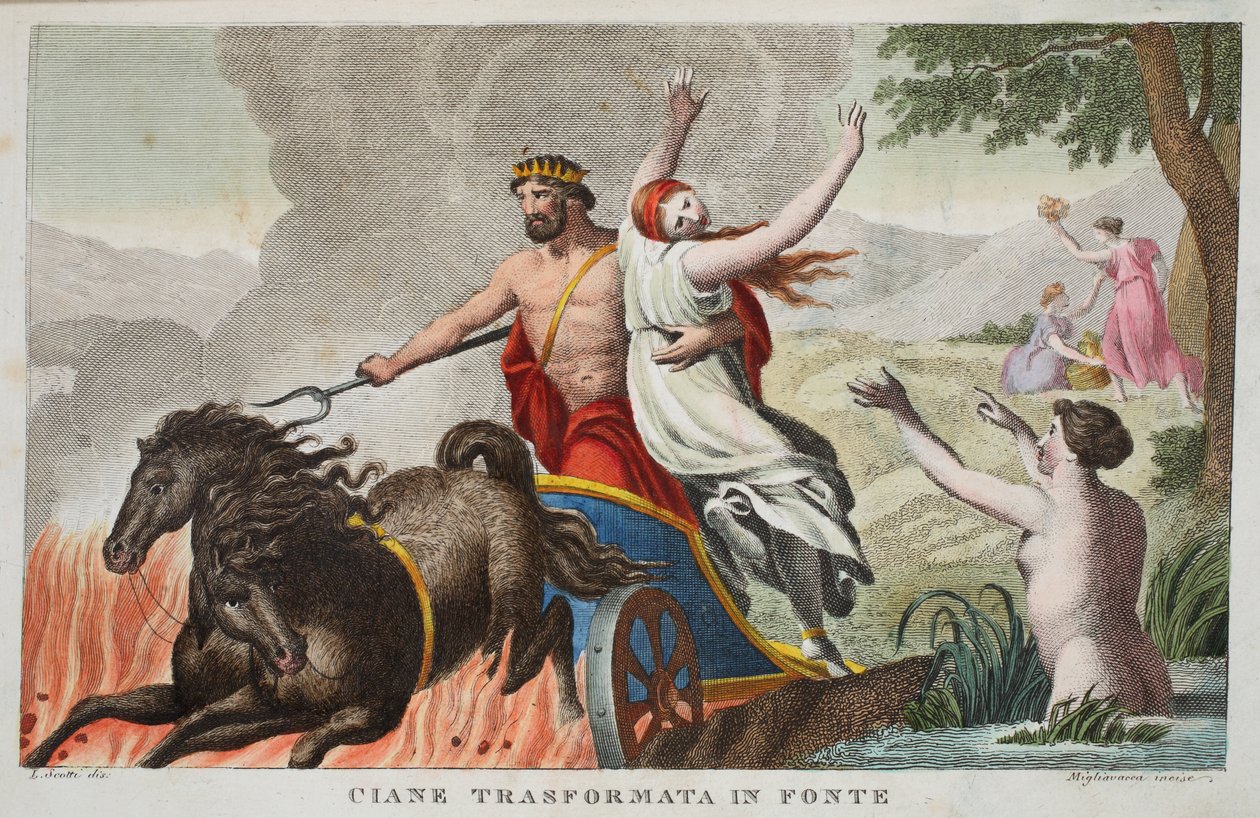 CyaneとプロセルピナのレイプまたはフォンテのCiane Transformata、第V巻、Ovidの変容からのイラスト、フィレンツェ、1832年（手描きの彫刻） 作： ルイージアデモロ