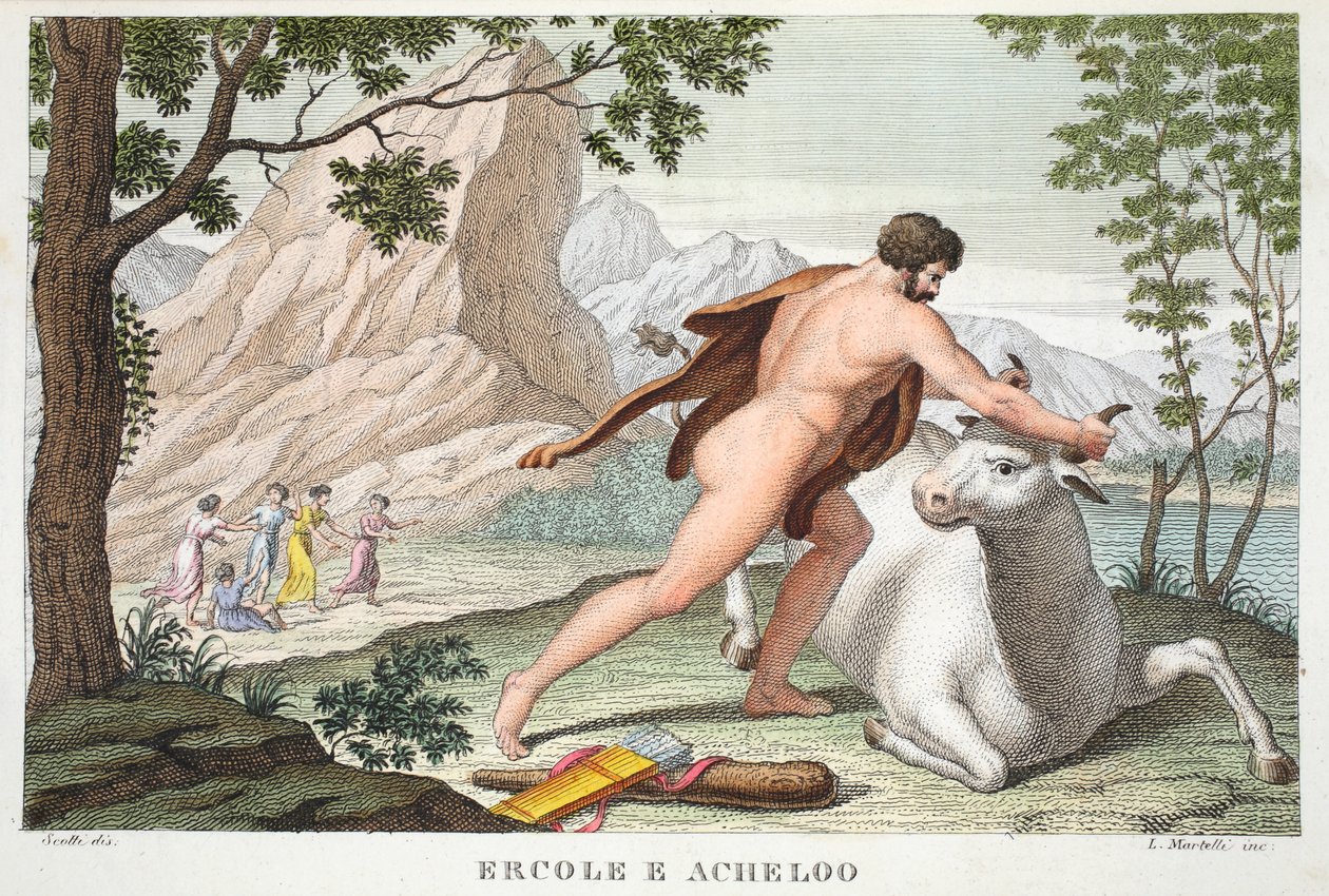 Hercules and Achelous or Ercole e Acheloo、Book IX、illustration from Ovid&39;s Metamorphoses、Florence、1832（hand-coloured engraving） 作： ルイージアデモロ