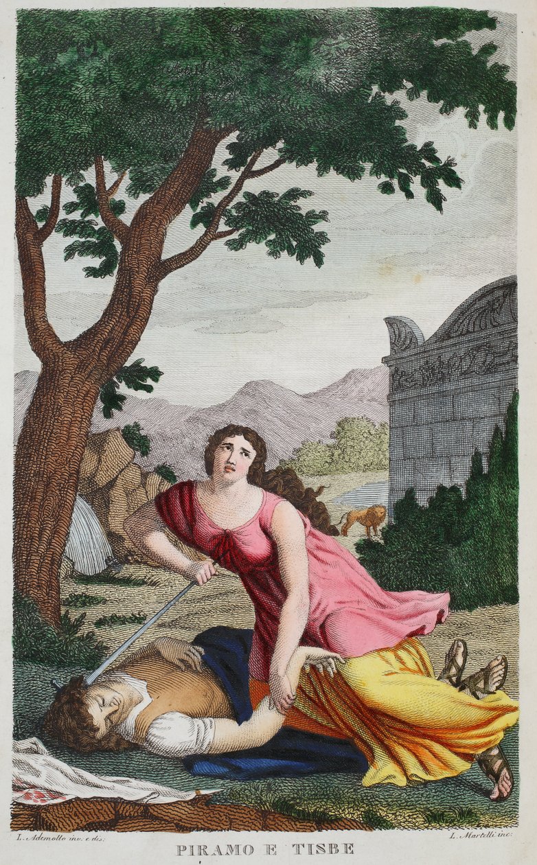 Pyramus and Thisbe or Piramo e Tisbe、Book IV、illustration from Ovid&39;s Metamorphoses、Florence、1832（hand-coloured engraving） 作： ルイージアデモロ