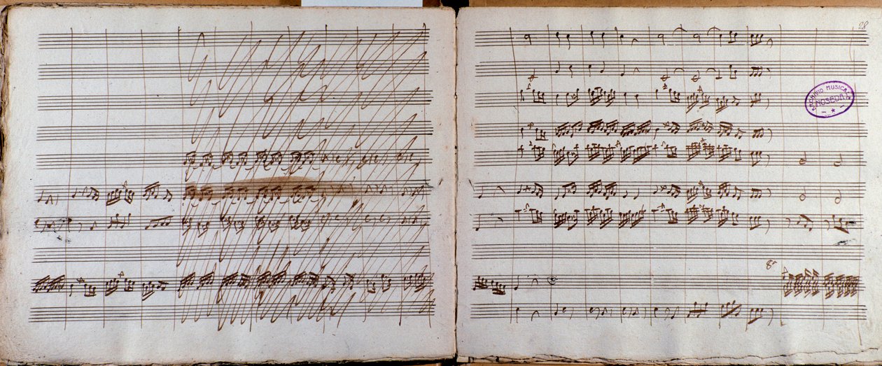 ルイジ・ボッケリーニのチェロと管弦楽のための協奏曲変ホ長調のスコアの作者によって署名された見開きページ 作： ルイジ・ボッケリーニ