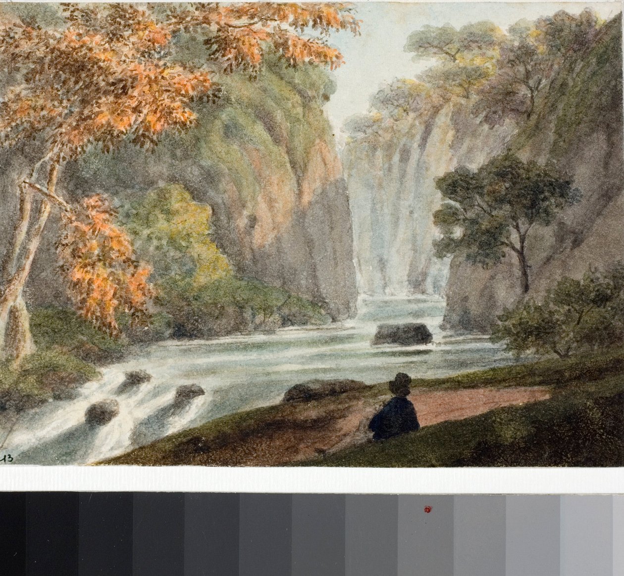 川と滝のある風景」（水彩画、1825年頃 作： ルイージ・ガリボ