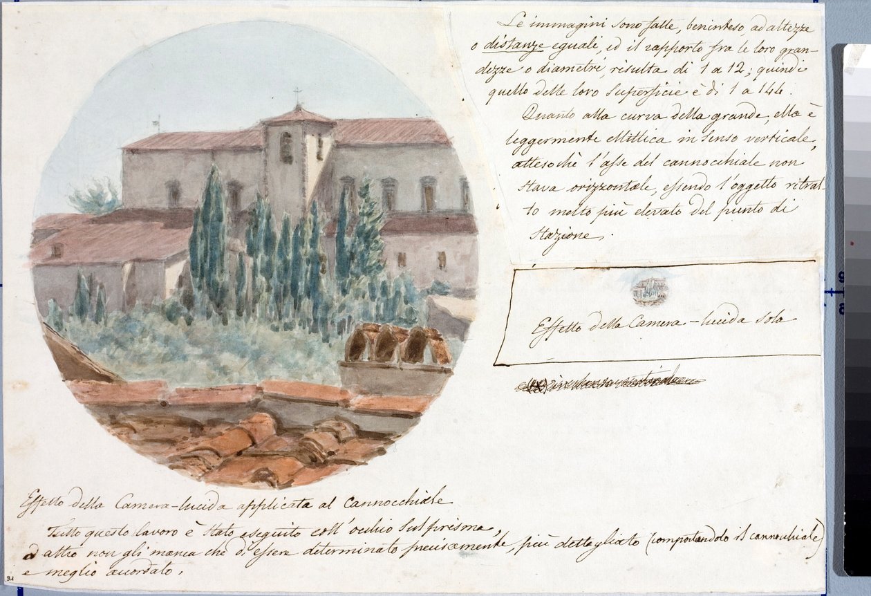 フィレンツェ近郊のサン・サルバトーレ・アル・モンテ教会を望遠鏡で撮影したもの（Drawing and Watercolour, ca 1833 作： ルイージ・ガリボ