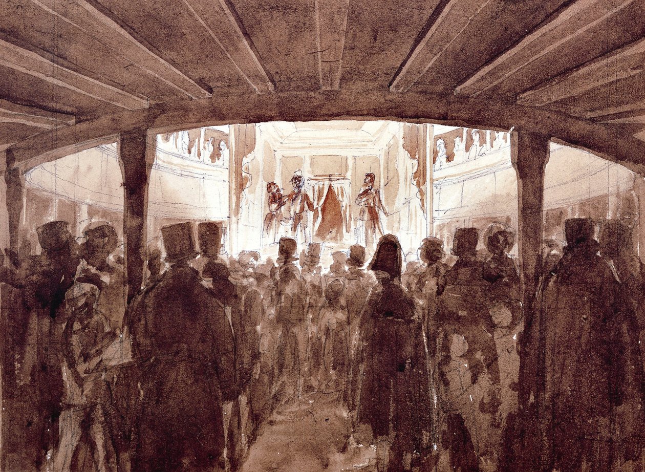ジェノヴァのサンタゴスティーノ劇場のインテリア、ルイージ・ガリッボ作（1782-1869）、水彩画、イタリア 作： ルイージ・ガリボ