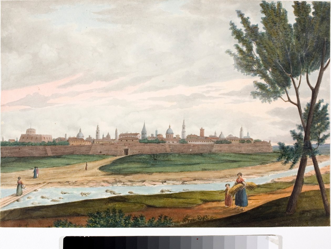 トスカーナのルッカと思われる城壁都市の眺め（インクと水彩画、1820年頃 作： ルイージ・ガリボ