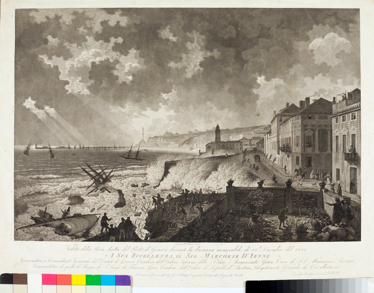1821年12月25日の天変地異の際のジェノバ港の眺め（Engraving, c.1821) 作： ルイージ・ガリボ