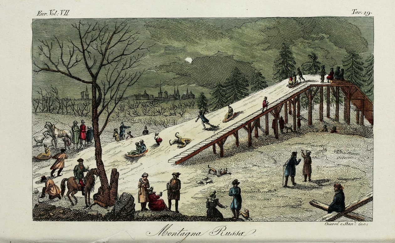 ジェットコースター。 1831年のジュリオフェラーリオによる古代と現代の習慣または政府の歴史のイラスト 作： ルイージ・ジャレ