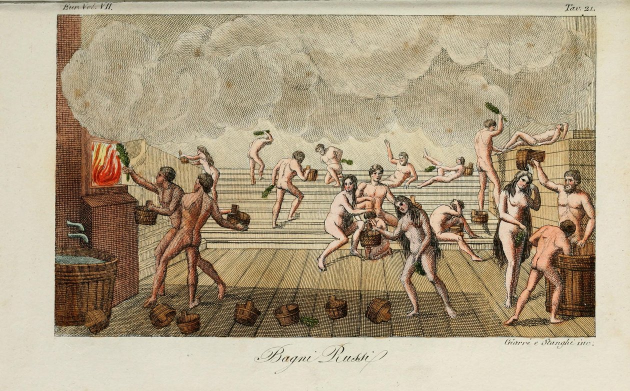 ロシア風呂。 古代と現代の衣装や政府の歴史からのイラスト…ジュリオ・フェラーリオ作、1831年 作： ルイージ・ジャレ