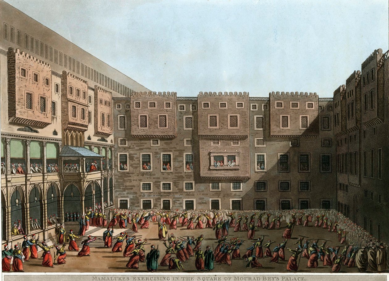 "ムラード・ベイの宮殿の広場で運動するマムルクス" ルイジ・マイヤー（1755-1803）によるリトグラフ - 1802年 薄手 22,9x31,6 cm プライベート・コレクション 作： ルイージメイヤー