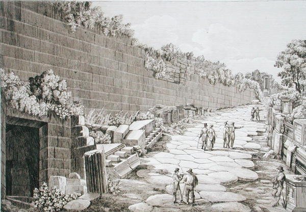 1825年に最初の発掘が行われたトゥスクロへのローマ道（1824-26年に出版された「Le Antichita dei contorni di Roma」より）（銅版画 作： ルイージ・ロッシーニ