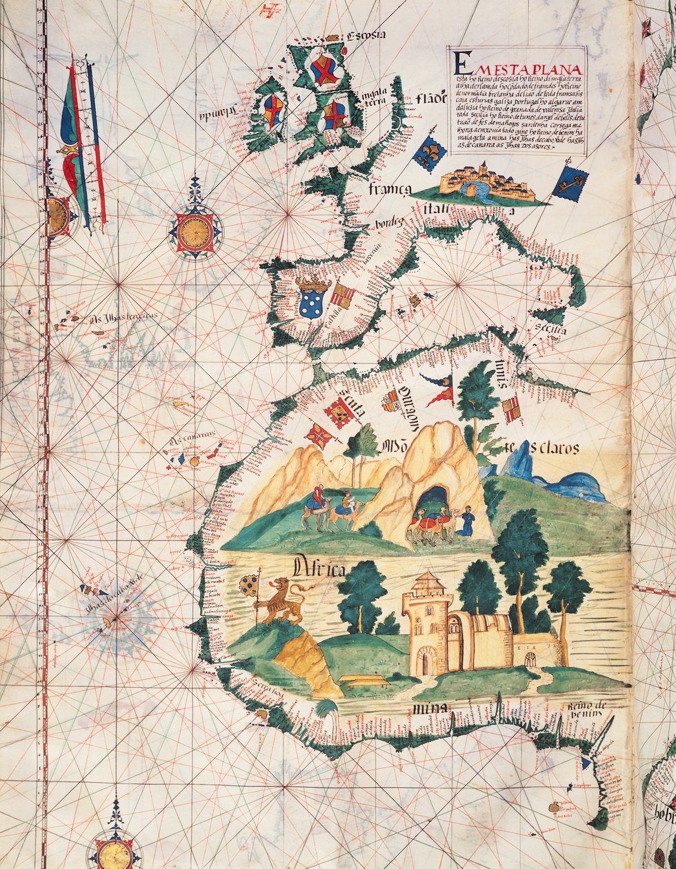 Fol.5vポルトガル、ヨーロッパ、北西アフリカの地図、ポルトガルのモニュメンタカートグラフィカ、1470-75、1563年のフェルナオゴメスの発見の記録 作： ルイス・ラザロ