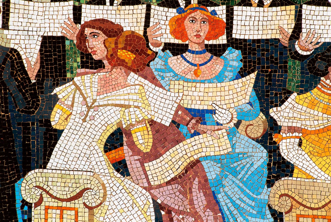 Arquitetura Art Nouveau: Palácio da Música Catalã, Barcelona. Mosaico decorando a fachada: mulher cantando no coro catalão (Orfeo Catala), detalhe à esquerda. por Luis Domenech i Montaner (1850-1923) e Lluis Bru I Salelles (1868-1952), 1905-19 作： Luis & Bru i Salelles Luis (1868 1952) Domenech i Montaner