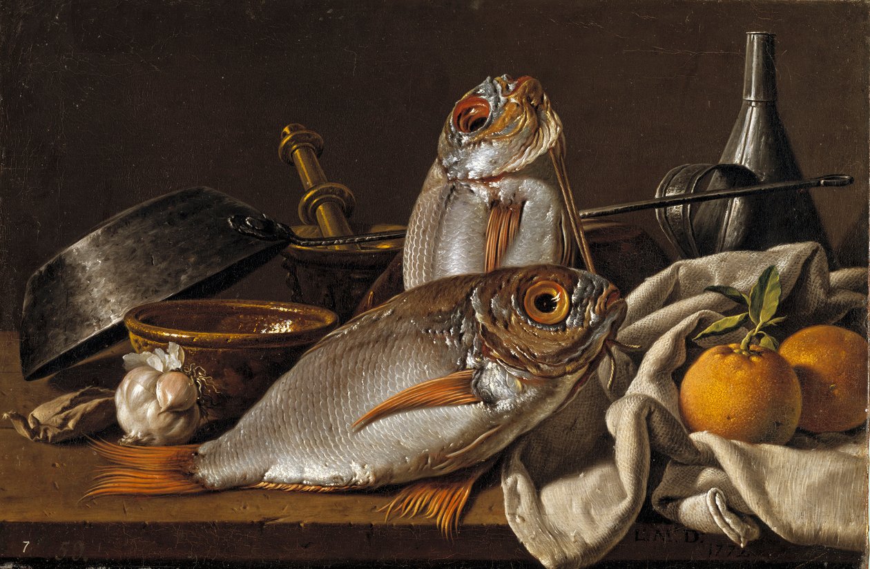 鯛、オレンジ、ニンニク、台所用品のある静物 par Melendez, Luis Egidio (1716-1780) 作： ルイス・エジディオ・メレンデス