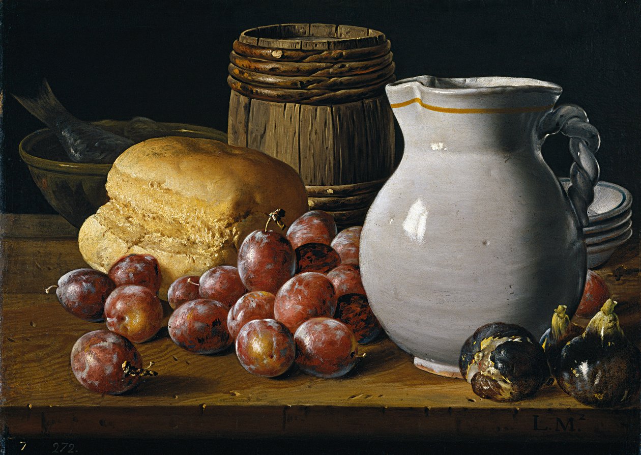 H.エマーソン（イギリス生まれ画家）の静物画 プラム、イチジク、パン、水差しのある静物画 メレンデス、ルイス