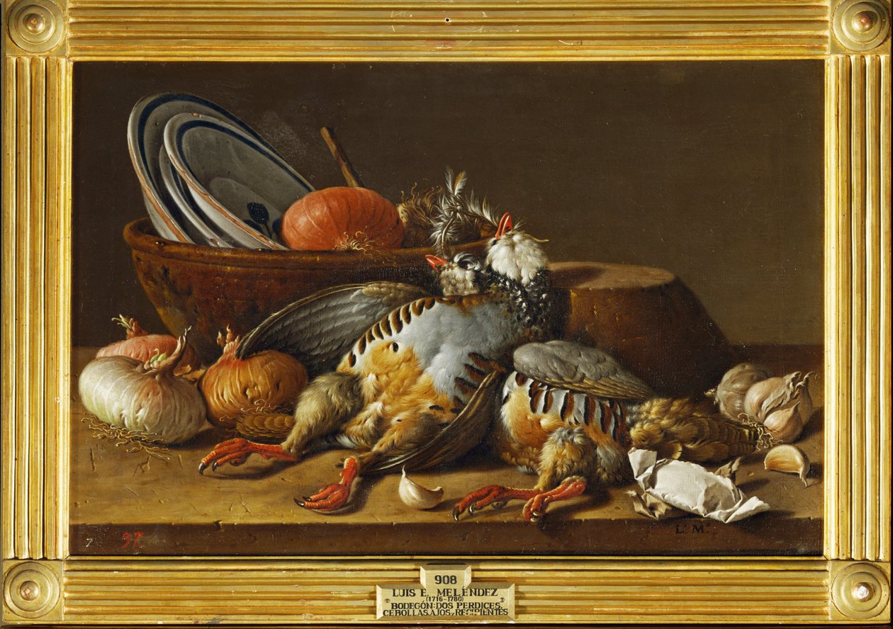 2羽のインコと玉ねぎと台所用品のある静物画...（キャンバスに描かれた絵） 作： ルイス・メネンデスまたはメレンデス