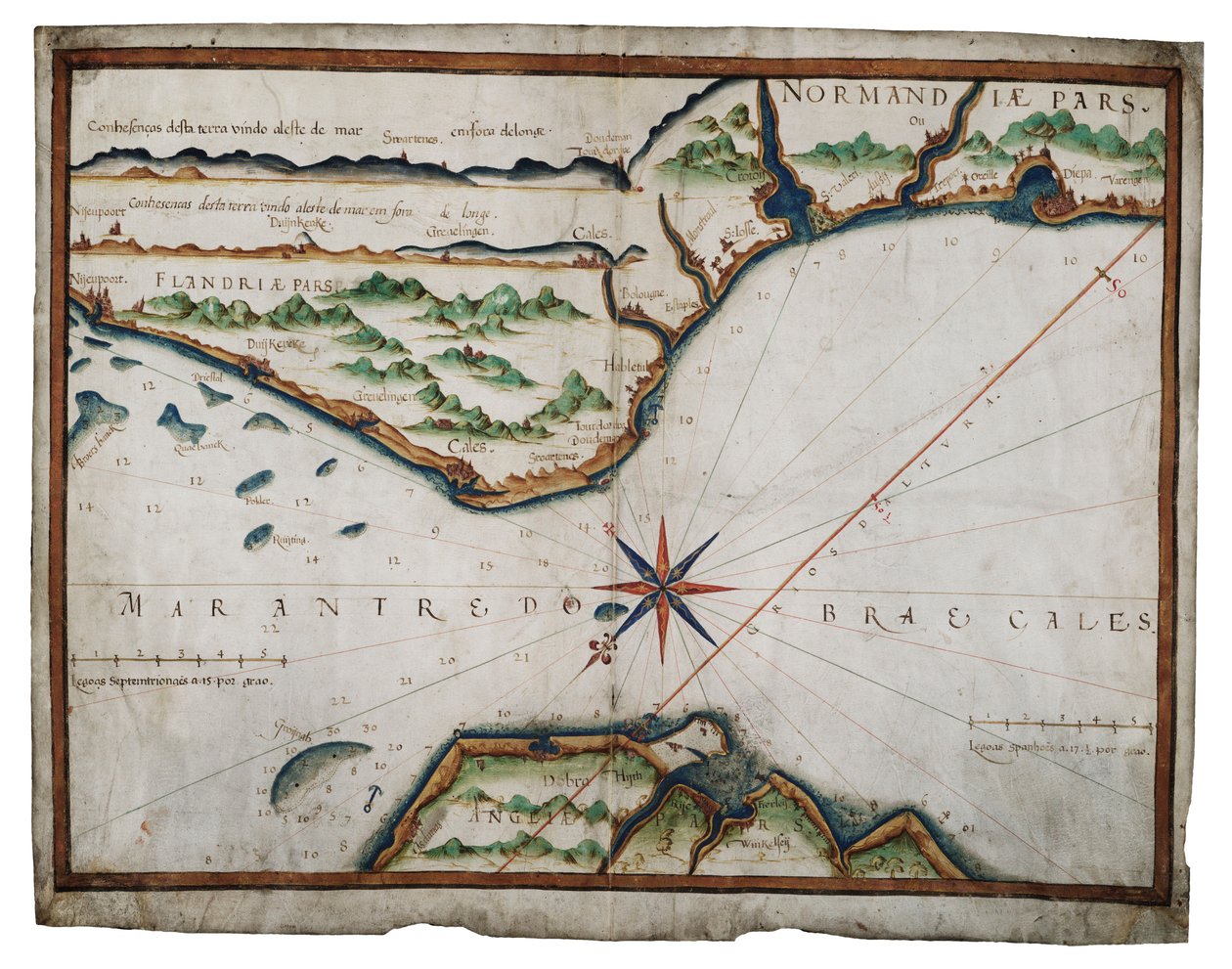 ドーバー海峡の海図、1587-88年頃、水彩、ベラム 作： ルイス・テイシェイラ