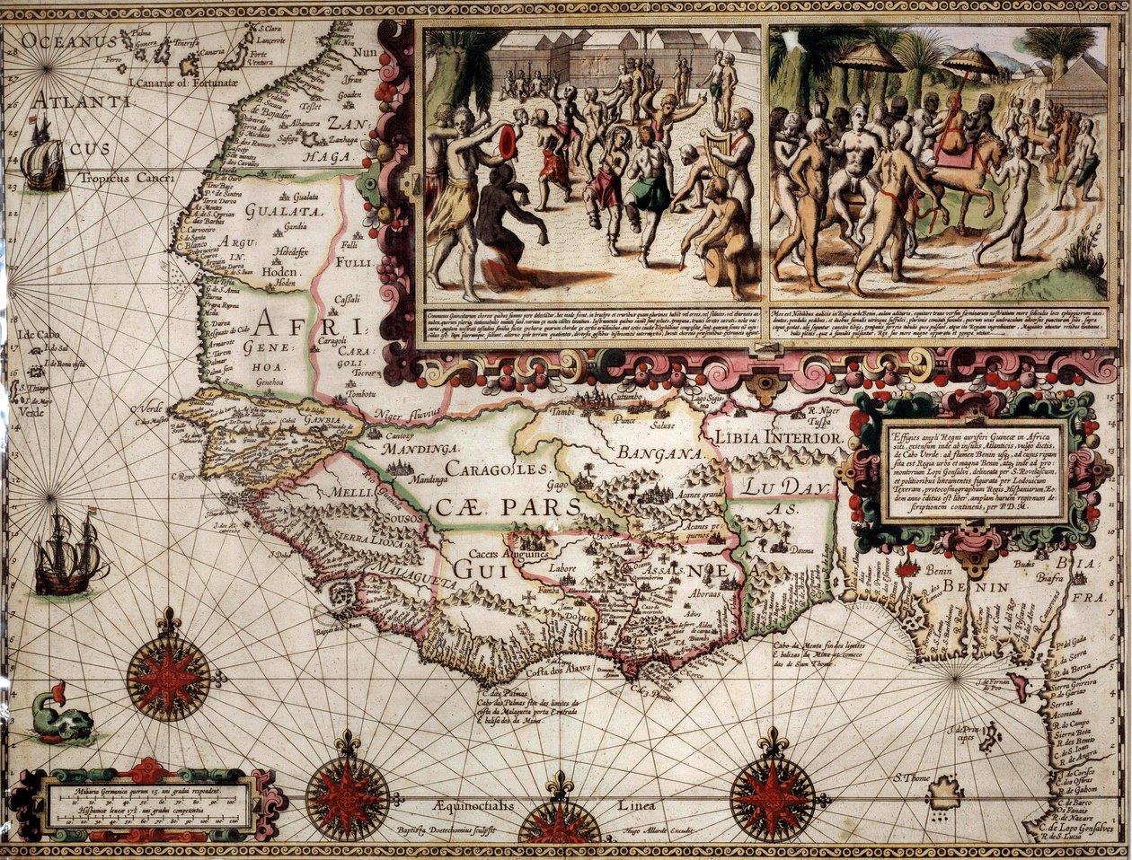 1586年頃、地図製作者ルイス・テイシェラ（またはテイシェイラ）が作成したギニーの地理地図。右上には先住民（アフリカ人）のダンスシーンが描かれている。 作： ルイス・テイシェイラ
