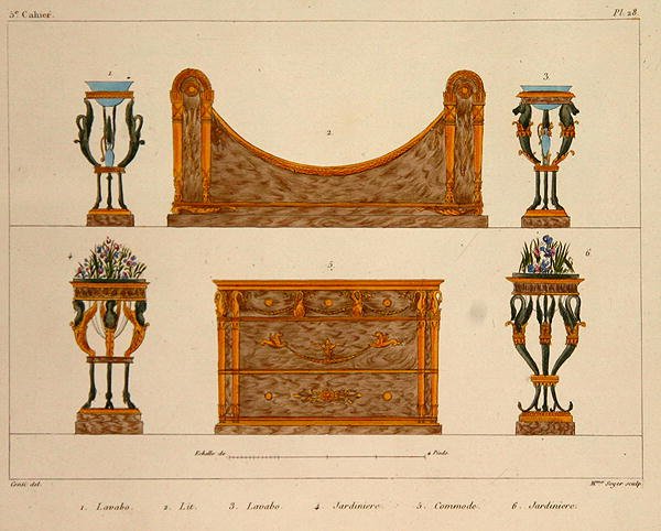 1828/41年に出版された「Meubles Modeles de Meubles et de decorations interieures pur les Meubles」のプレート28にソイエ夫人が彫った家具のデザイン（カラーリトグラフ） 作： M.（後）サンティ