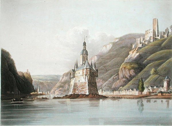 ファルツ城とラウブの町：1820年に出版されたT.サザーランド作の「A Picturesque Tour along the Rhine, from Mentz to Cologne」の挿絵（カラーリトグラフ）。 作： M.（後）シュエッツ