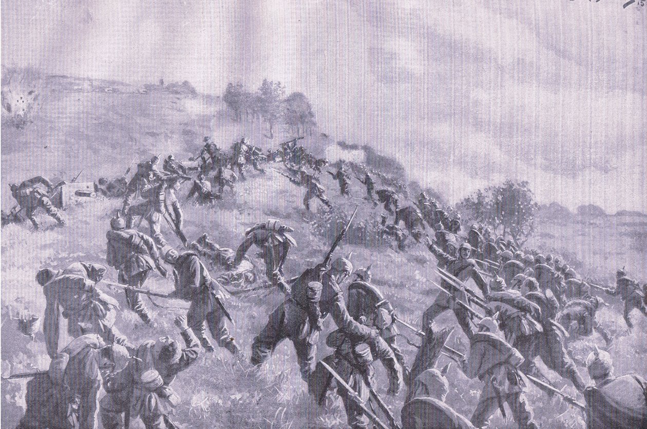 ザウレの奪還。稜線への突入（『イラストレイテッド・ヒストリー・オブ・ザ・ワールド・ウォー 1914-1915』（ユニオン・ベルラグゼフェルフシャフト刊）より 作： M.バラスカッツ