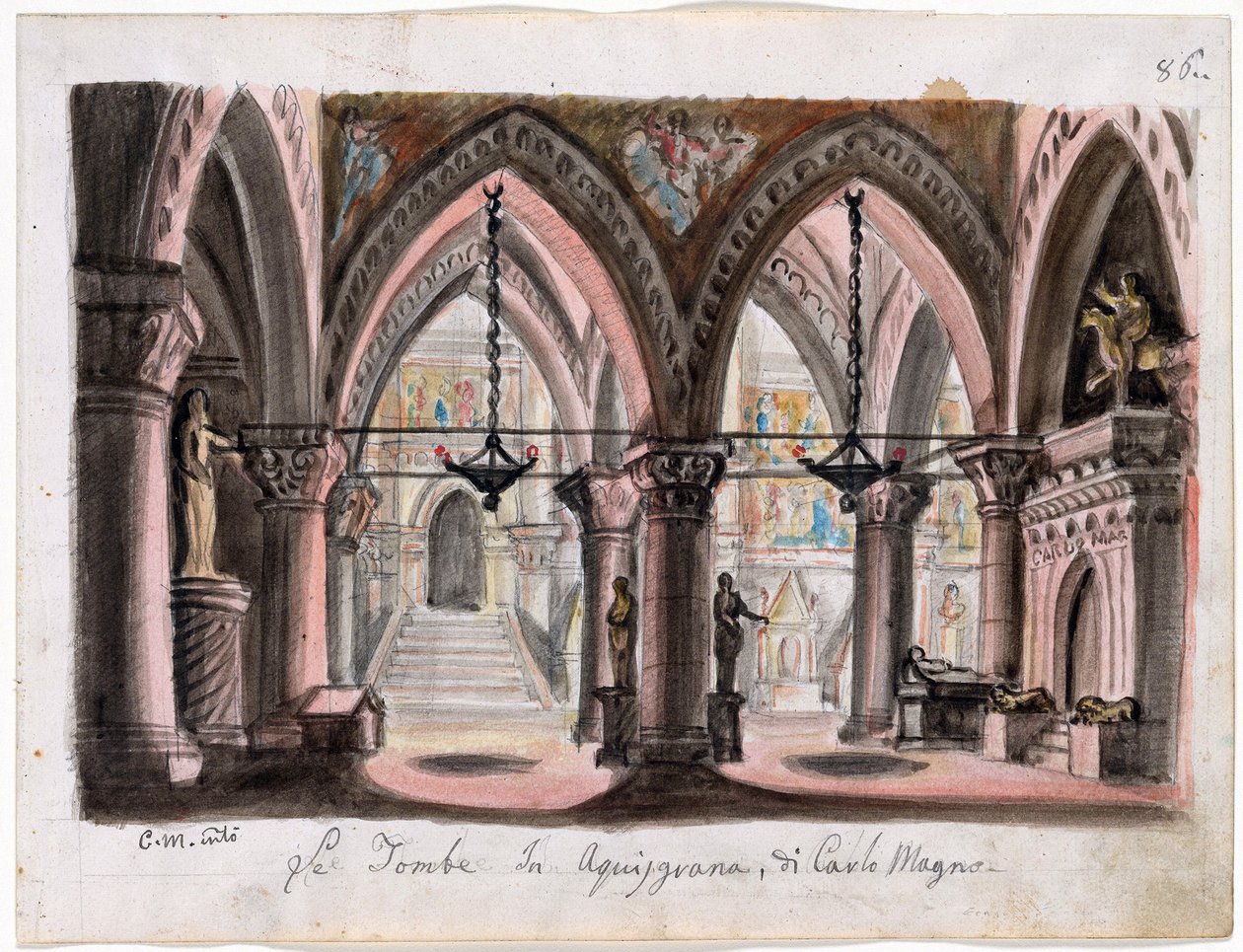 Le tombeau de Charlemagne a Aix-la-Chapelle - ジュゼッペ ヴェルディ - M. コンティ (1810-1886) によるオペラ エルナーニのセット デザイン。 紙に水彩 サイズ : 22x29 cm The Morgan Library & Museum, New York 作： M.コンティ