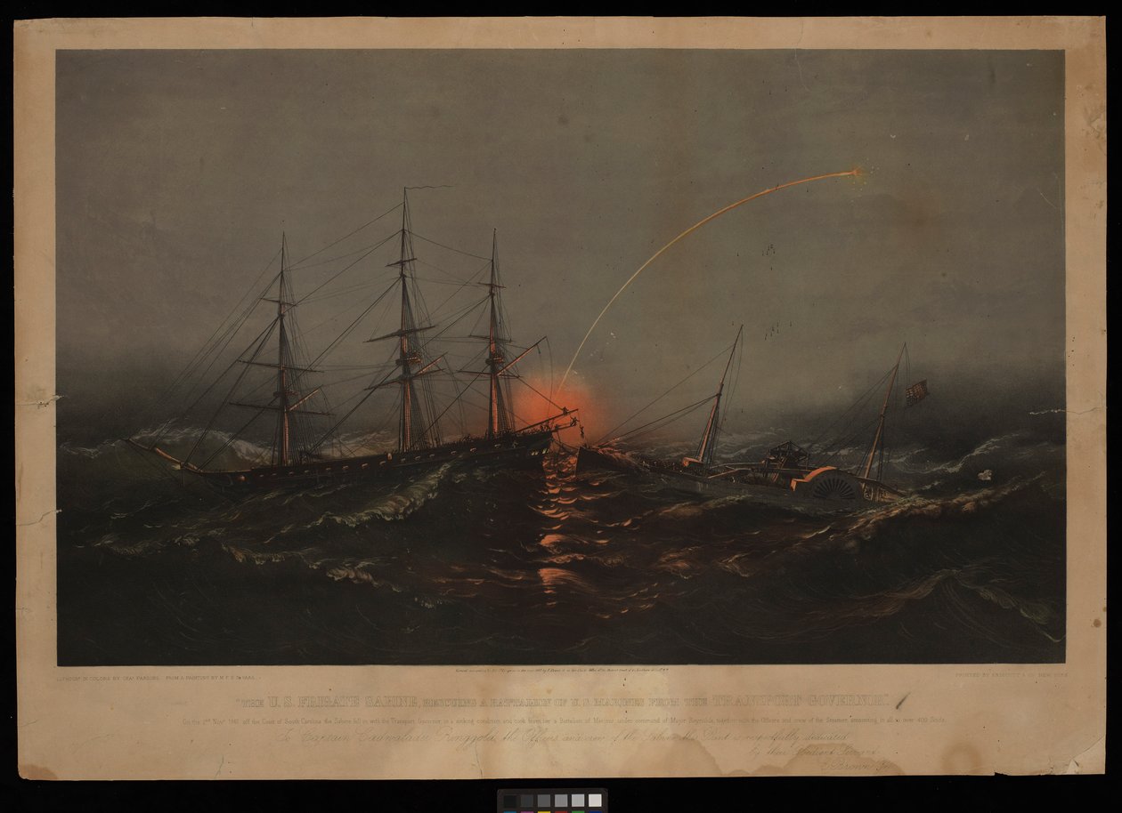 輸送船ガバナーから米海兵隊大隊を救出する米フリゲート艦サビーン。1861年11月2日、サウスカロライナ沖にて（リトグラフ、カラー） 作： MFH デ＆パーソンズ チャールズ・ハース