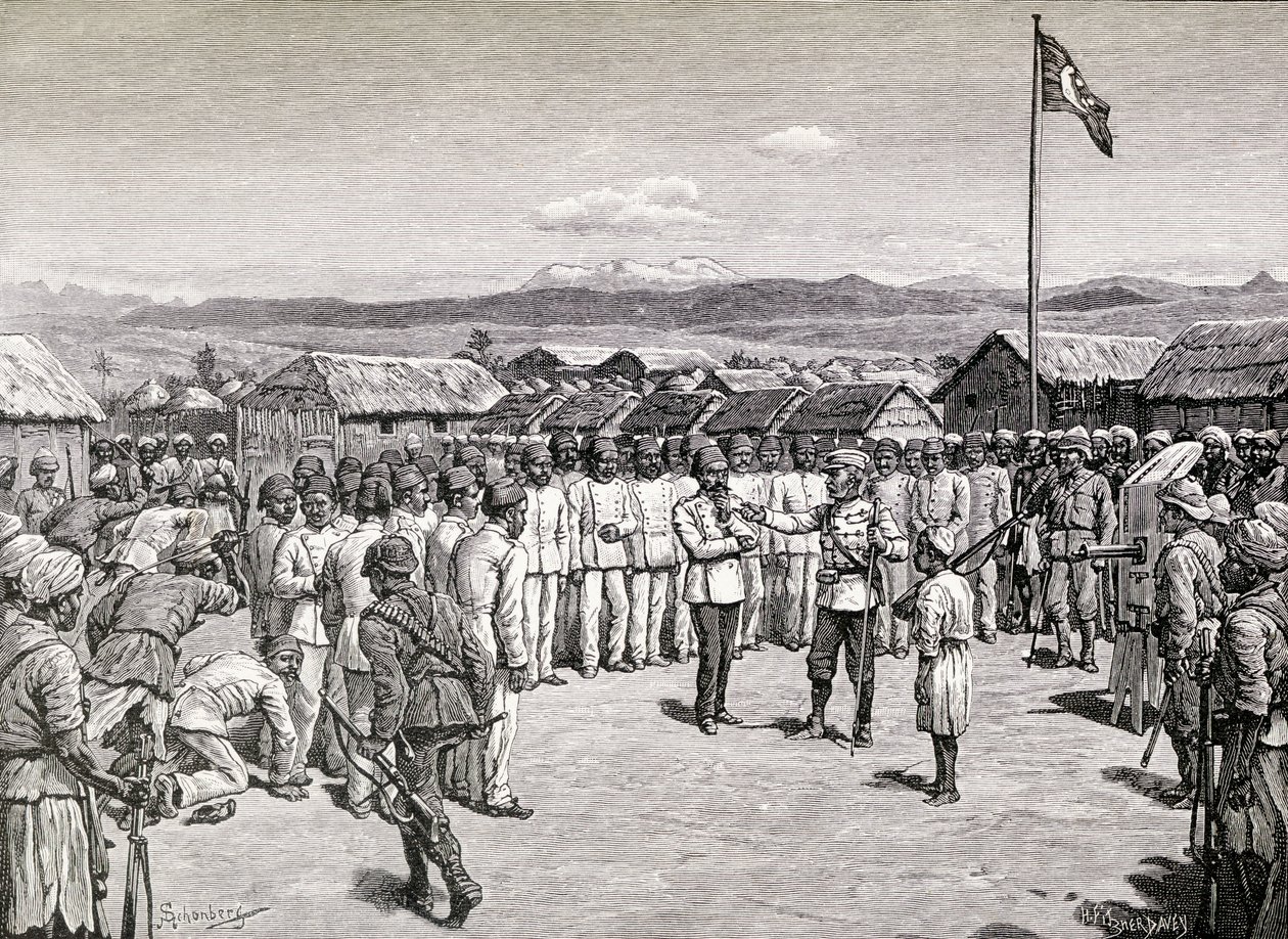 ヘンリーモートンスタンレー卿、1890年にカヴァリで反政府軍の将校に演説（木版画） 作： M.シェーンベルク